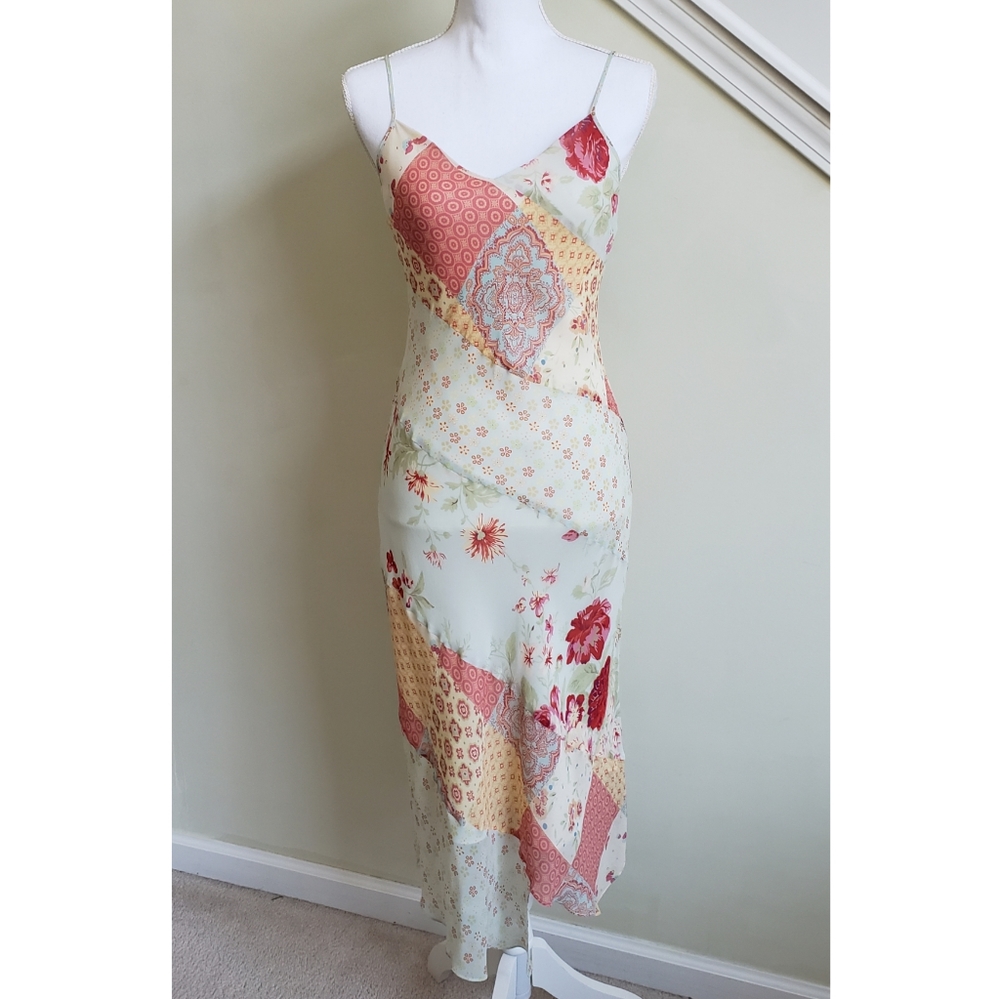 Vtg Express Silk Floral Asymmetrical Slip Dress